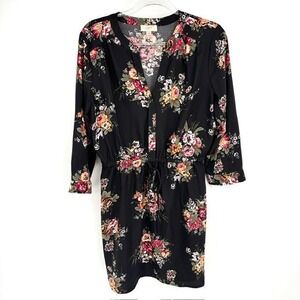 Loft Floral Black Dress Tie Waist Chiffon Size Medium Boho Classic Fairy